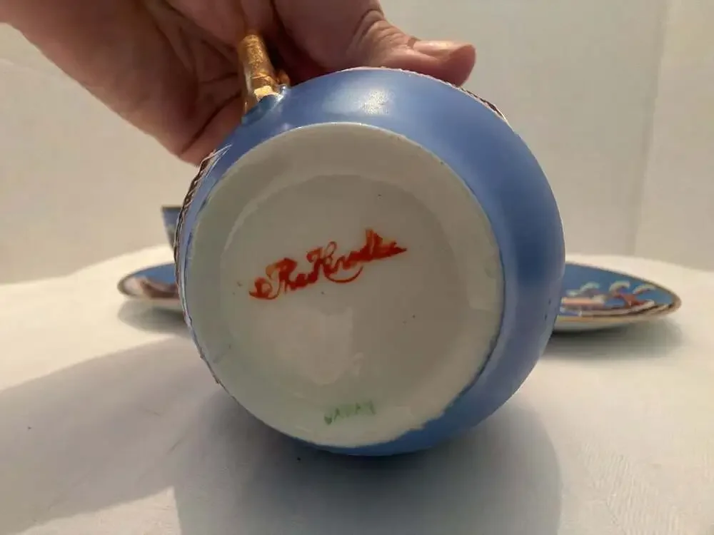 Hinode Cup & Saucer Set Blue Japanese Pagoda Moriage
